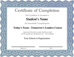 Teen Leadership Course Certificate of Completion